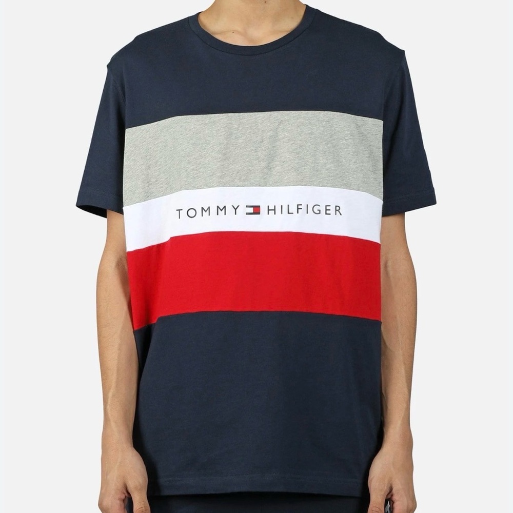 Tommy Hilfiger Men’s Navy Colorblock Tee with Red, White, and Gray Panels